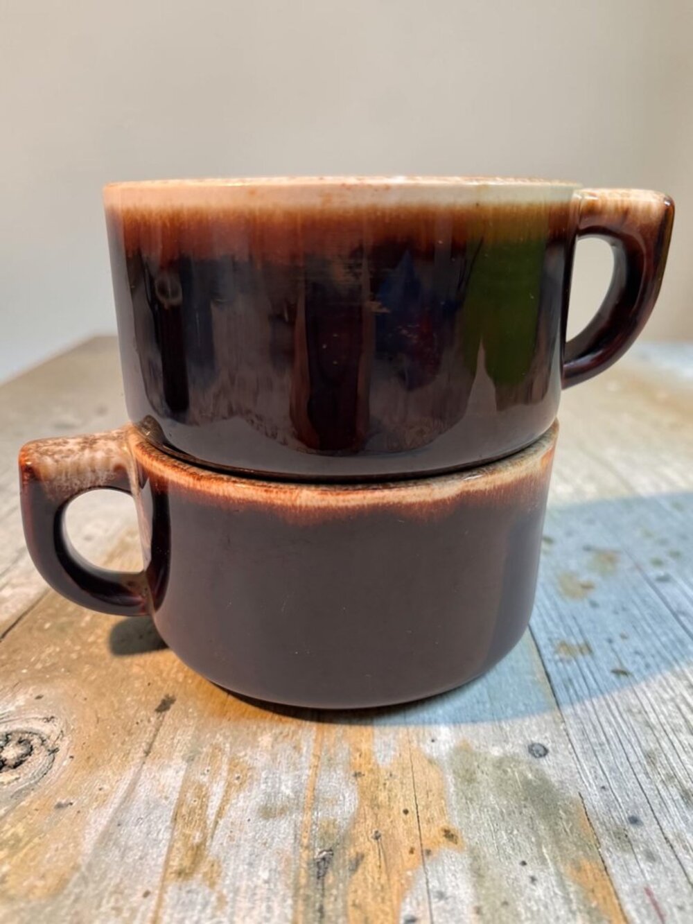 Set Of 2 Pfaltzgraff Gourmet Brown Drip Soup Mugs With Handles Vintage Stoneware